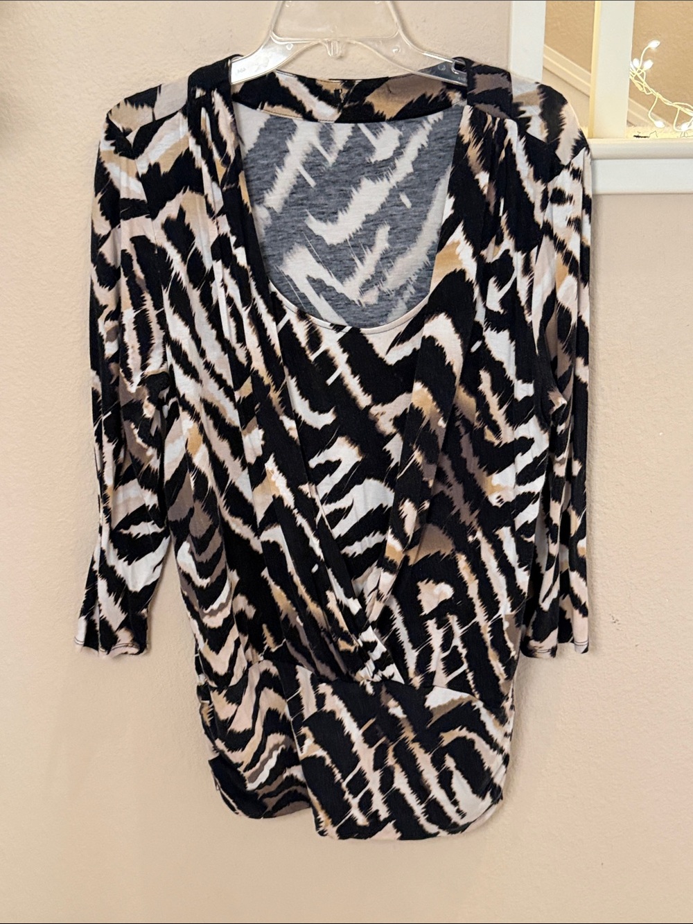 Calvin Klein Women’s Black & Beige Animal Print Wrap-Style Tunic Top